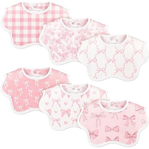 6 Pack Baby Muslin Bibs for Girls Boys Adjustable 100% Cotton Soft for Drooling and Teething Organic Lap-Shoulder