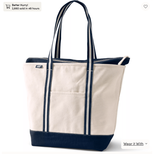 Land's End - Large 5 Pocket Zip Top Long Handle Canvas Tote Bag