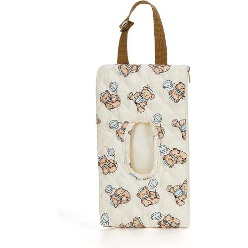 Quilted Baby Wipe Holder Quilted Wipe Pouch Portable Hanging Floral Wet Wipes Bag for Car, Stroller (Bear 2)