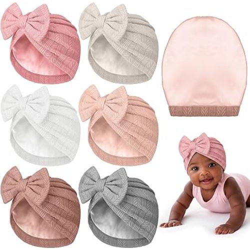 6 Pcs Satin Lined Baby Newborn Hats Beanie Hats Soft Silk Satin Bonnet Infant Toddler Cap for 0-6 Months Girls Boys