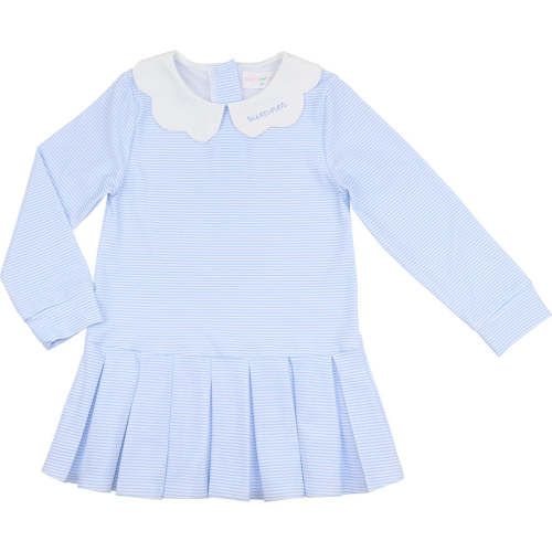 Blue Mini Stripe Scalloped Collar Lycra Tennis Dress
