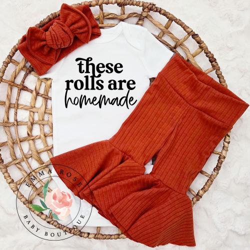 Baby girl first Thanksgiving outfit, these rolls are homemade shirt, orange bell bottom pants, hair bow