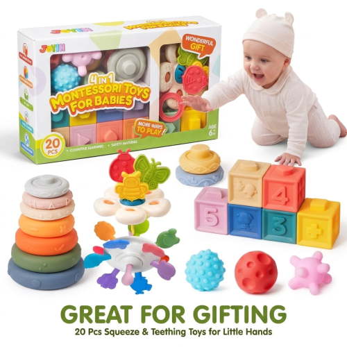 SYNCFUN Montessori Baby Toys for 6-18 Months Pull String Teether Stacking Blocks Sensory Shapes Colorful Storage Bin 4 in 1 Toddlers Toy