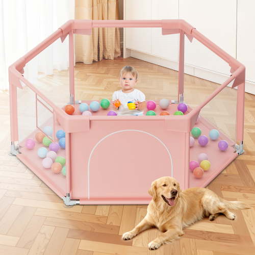 babyeap 50 Inch Baby Playpen,Fence Baby Play Yard for Indoors Outdoors,Hexagonal Toddler Playpen,Pink