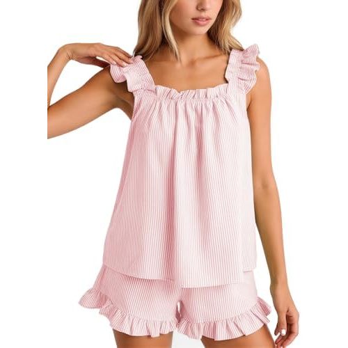 Flygo Striped Pajamas Set for Women Cotton 2 Piece Lounge Sets Ruffle Cami Top and Shorts Cute Summer Pj Sleepwear