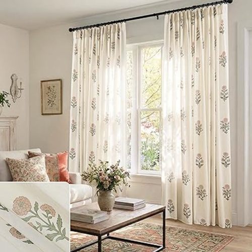 Pink Vintage Floral Linen Curtains, Cottage Core Light Filtering Sheer Pinch Pleated Drapes, Cottagecore Shabby Chic Dusty Rose Sage Green Coquette Curtains for Bedroom Living Room Nursery Girls, 84"L