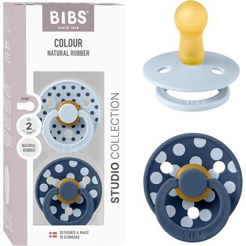 BIBS Polka Dots Pacifier 2-Pack, BPA Free Pacifiers with a Round Latex Nipple, Made in Scandinavia, Size 2 (6-18 Months), Baby Blue/Steel Blue