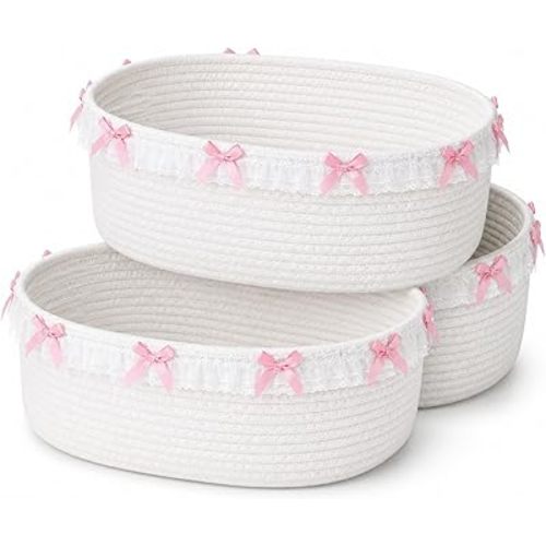 SiliFine 3 Pcs Pink Bow Gift Baskets 12 x 8 x 5 Inches Coquette Woven Rope Storage Baskets White Lace Rectangle Shelf Organizer Laundry Hamper Bin for Nursery Toy Organizing Baby Shower Wedding Decor