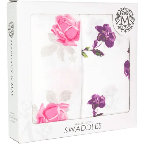 Margaux & May Muslin Swaddle Blankets 2 Pack - Large 47x47 Inches, Breathable Baby Blankets, Pink Purple Flowers - Newborn Essentials Must Haves