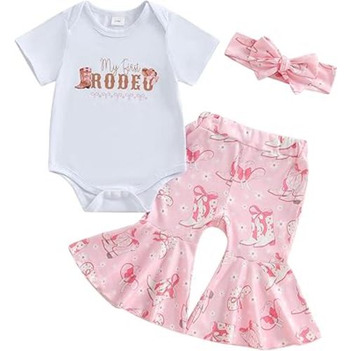 SAYOO Western Baby Girl Clothes Boots or Bows Letter Bodysuit Romper Cow Print Flared Pants Headband Cowgirl Country Outfit