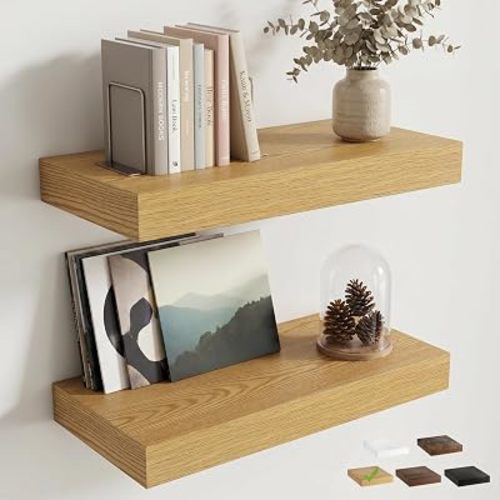 8 inch Deep Floating Shelves for Wall, 24" Wide, Oak Finish, 2-Pack