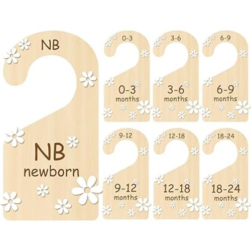 Whaline 7Pcs Wooden Baby Closet Dividers 3D Daisy Flower Wardrobe Baby Closet Hanger Organizer Newborn to 24 Month Wooden Infant Wardrobe Separators for Home Nursery Baby Clothes Birthday Gifts