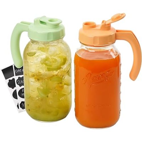 SOLIGT 2 Quart Glass Mason Jar Pitchers with Lids, Green&Orange, 2 Pack