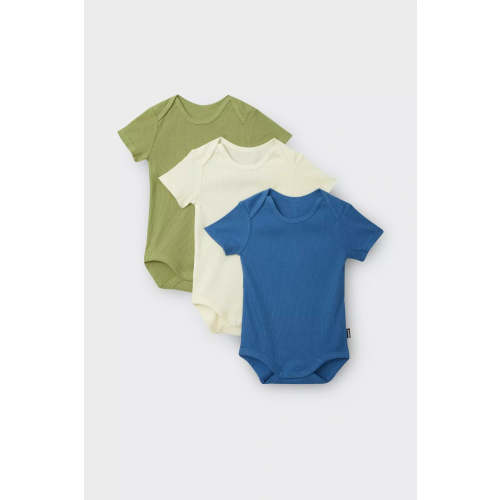 Bonds Essentials Rib Shortsleeve Bodysuit 3 Pack - Camp Cove/ Levitating/ Lawn Bowls
