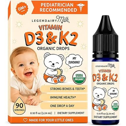 Legendairy Milk Vitamin D Drops for Infants, Organic Baby Vitamin D3 K2 Liquid 400 IU, Vegan for Newborns Toddlers & Kids, Childrens Supplement for Strong Bones & Teeth, Sugar Free, 90 Servings
