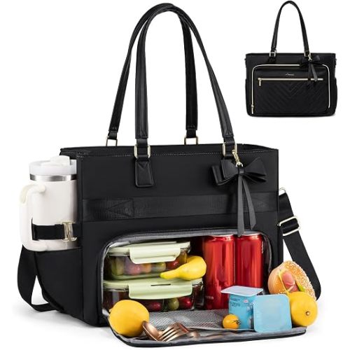 LOVEVOOK Lunch Tote Bag for Women, Insulated Lunch Bag, Large Capacity Teacher Nurse Bag for Work with Large Cup Holder Water Resistant, Womens Crossbody Handbags fit 17.3 Inch Laptop, Black