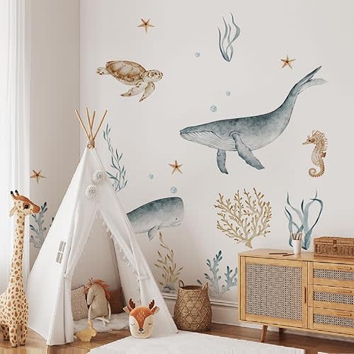 Ocean Wall Decals Watercolor Under The Sea Wild Life Animals Sea Turtles Whales Wall Stickers Waterproof Peel and Stick Removable Ocean