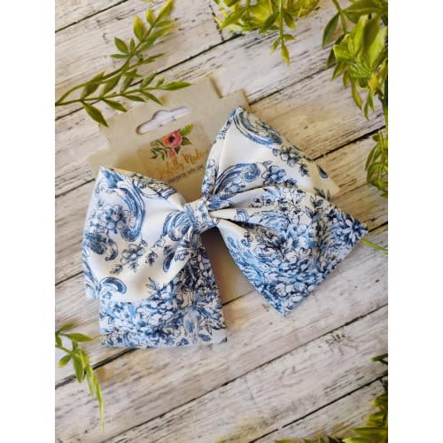 Blue Toile Sailor Hair Bow: Cotton Fabric, Alligator Clip or Headband