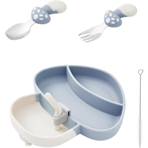 Silicone Baby Feeding Set 4 Pcs, Weaning Supplies, Mushroom Baby Plates Baby Spoon & Fork, Baby Utensils Feeding Essentials