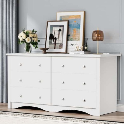 Creaser 58 in. White Dresser with Power Outlet, 6-Drawers Dresser for Bedroom, Chest of Drawers, Wooden Dressers