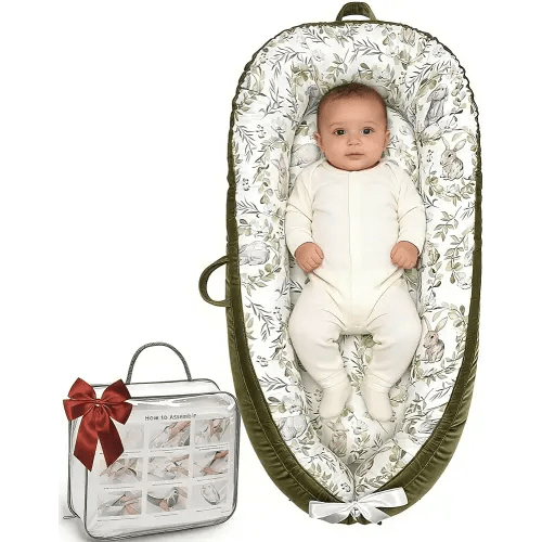 Baby Lounger-Breathable and Soft Organic 100% Cotton, Portable Infant Lounger with Removable Lounger Cover, Baby Nest Lounger for Newborn - Green Rabbit