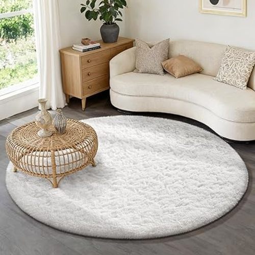 Ophanie Round Rug 6Ft White Circle Area Rug, Aesthetic Room Decor, Fluffy Fuzzy Bedroom Carpet, Plush Soft Shaggy Living Room Rugs for Kids Home Decor, Nursery