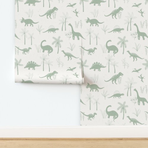 Wallpaper in Friendly Dinos - Fun dinosaur whimsical baby nursery walls - sage green