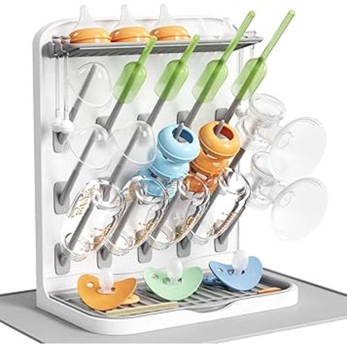 Lifewit Large Baby Bottle Drying Rack with Drain Mat, 15 Hooks Vertical Rack Dryer with Removable Pacifiers Box, Drip Tray, Space Saving Countertop Holder Organizer for Weighted Straws, Pump Parts
