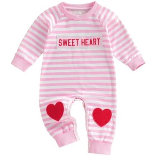 Muasaaluxi Newborn Baby Girl Boy Valentines Day Outfit Long Sleeve Heart Embroidery Romper Stripe Bodysuit Jumpsuit 0-18M