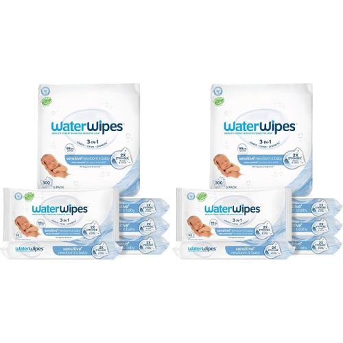 WaterWipes Sensitive+ Newborn & Baby Wipes, 3-In-1 Cleans, Cares, Protects, 99.9% Water, Unscented & Hypoallergenic, 720 Count (12 Packs)