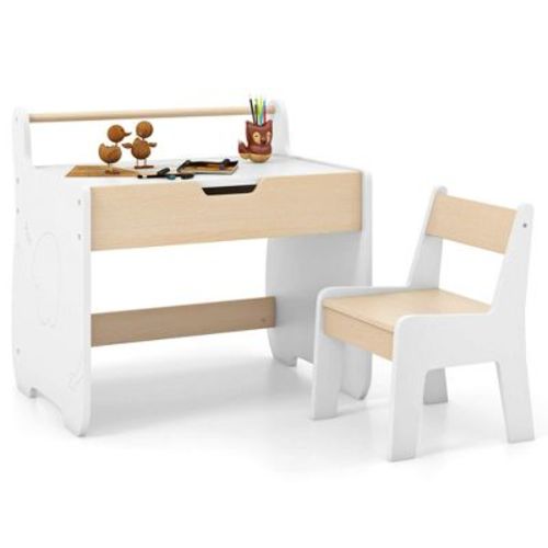 Costway 3 In 1 Kids Wood Table and Chair Set with Detachable Tabletop Hidden Storage Paper