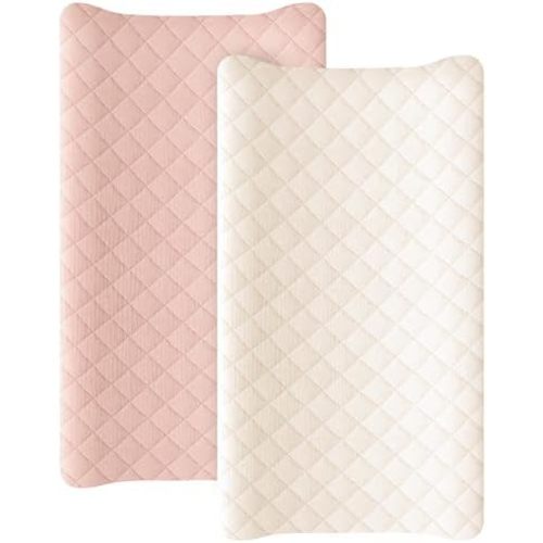Konssy 2 Pack Quilted Muslin Changing Pad Cover, Waterproof Layer, 32"x16"