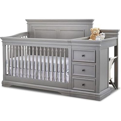 Sorelle Furniture Portofino Crib, Classic 4-in-1 Convertible, Crib Made of Wood, Non-Toxic Finish, Wooden Baby Bed, Toddler Bed, Child’s Daybed and Full-Size Bed, Nursery Furniture-Weathered Gray