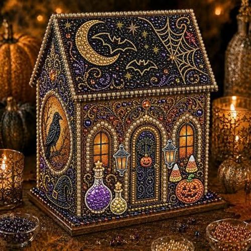 Halloween Wooden House 3D Rhinestone Diamond Art DIY Kit, for Adults, Wooden 3D House with Round Rhinestones and Pearl Accents for Hands-on Halloween Crafting and Tabletop Seasonal Decor. (Style-C)