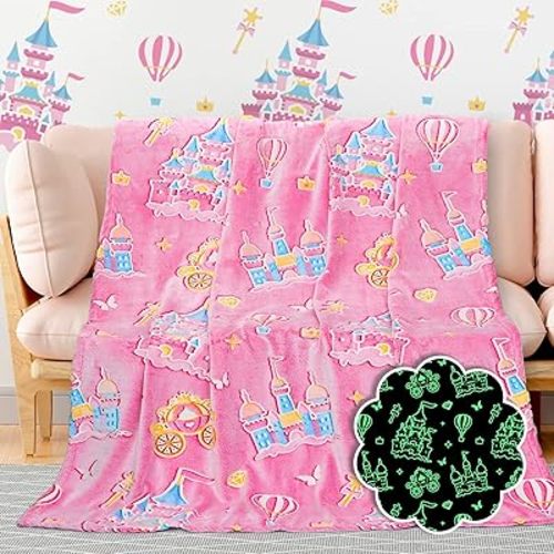 BORORO Glow in the Dark Princess Blanket for Girls Graduation, Princess Castle Gifts Toys for Girls, Pink Throw Blanket for Couch Bed Room Decor, Soft Fleece Plush Bedding for Kids Toddlers 50" x60“