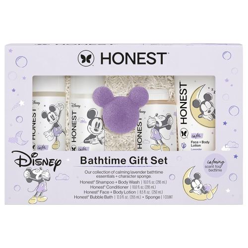 The Honest Company Calm Lavender Bathtime Gift Set + Disney Design | Hypoallergenic Bath for Sensitive Skin | Shampoo + Body Wash, Face + Body Lotion, Bubble Bath, Conditioner, Sponge