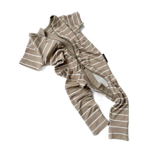 LB x Baby Breez Short Sleeve Pinstripe Romper Pajamas - Khaki Green and White