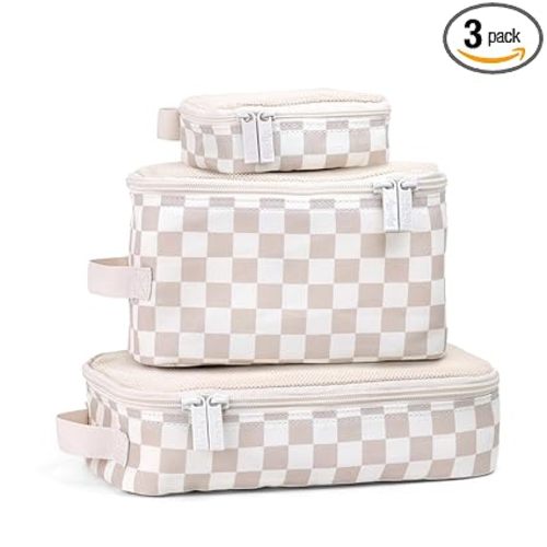 Itzy Ritzy Packing Cubes for Travel – Set of 3 Packing Cubes or Travel Organizers – Each Cube Features a Mesh Top, Double Zippers and a Fabric Handle (Checkerboard)