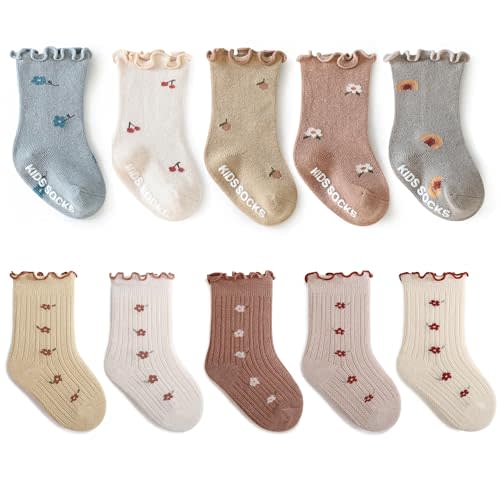 Eimmabey Baby Girls Toddler Socks Organic Cotton Socks Floral Pattern with Non-Skid Gripper for Fall Spring and Summer