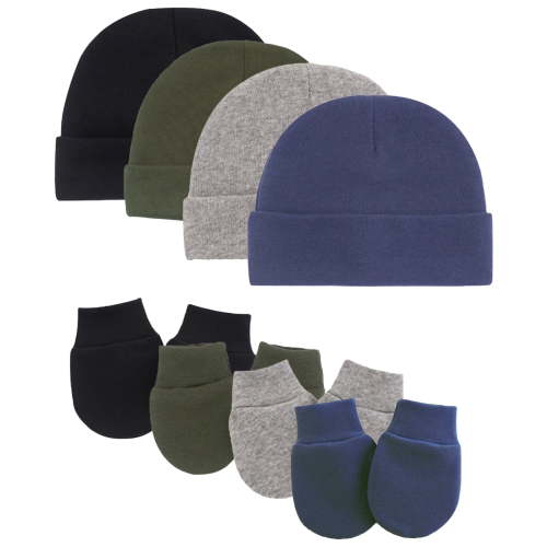 Tisoloow Baby Hats with Scratch Mittens Set Unisex Newborn Hospital Hats for Baby Boys Girls Cute Infant Beanie Caps Cotton Soft Baby Hat 0-6 Months C Black&Navy&Army&Light Grey One Size