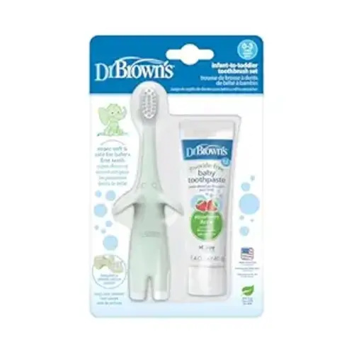 Dr. Brown’s Infant-to-Toddler Training Toothbrush Set, Mint Elephant with Fluoride-Free Strawberry Baby Toothpaste, 0-3 years