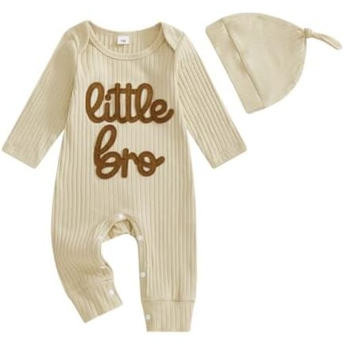 Newborn Baby Boys Romper Long Sleeve Little Brother Letter Print Ribbed Bodysuit Jumpsuit Infant Coming Home Outfit