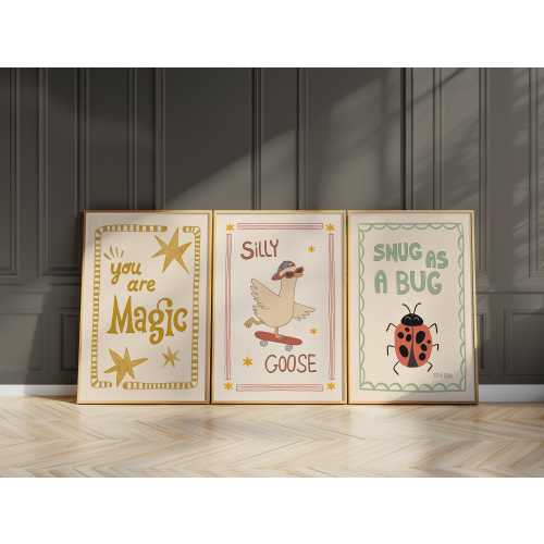 Playroom Wall Art, Nursery Decor, Silly Goose, You Are Magic, Snug Bug, Kids Room Print Set of 3 (ST5)