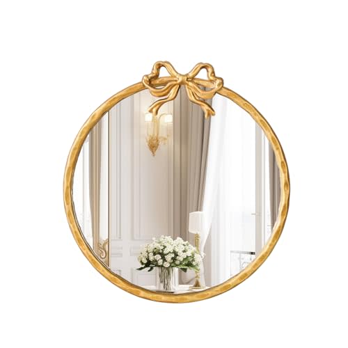 2026 Spring Women's Gifts 16 Inch Vintage Gold Round Wall Mirror, Antique Ornate Metal Circle Mirror with Baroque Bow Decor for Bathroom Vanity, Bedroom(Gold, 16" Lx16 W)