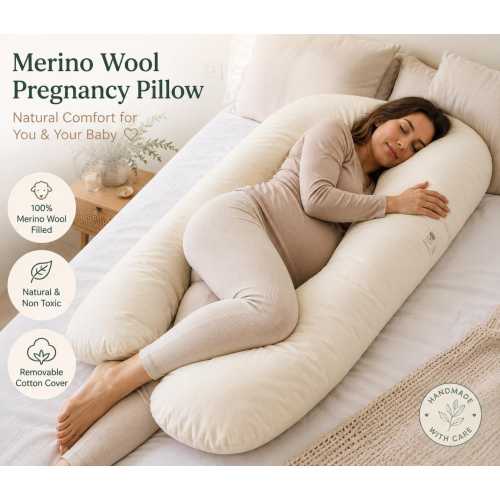 Organic Merino Wool Pregnancy Pillow, U Shaped Maternity Pillow, Adjustable Wool Fill, Full Body Support, Organic Cotton Cover, Non Toxic