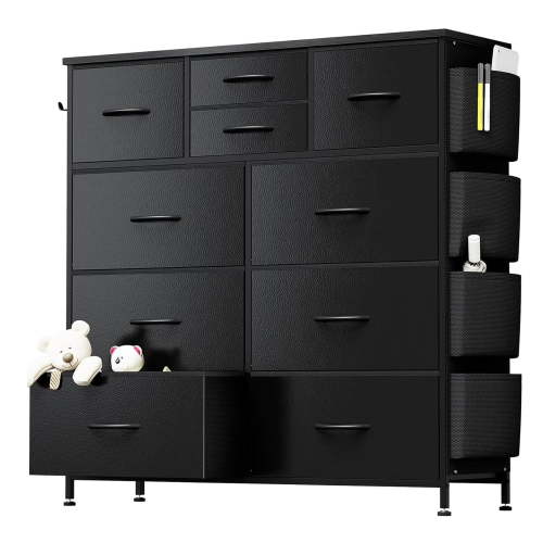 edx Dresser Storage with 10 Drawers, Fabric Dresser Tower with Side Bag, Storage Unit for Bedroom, Closet, Office, Black