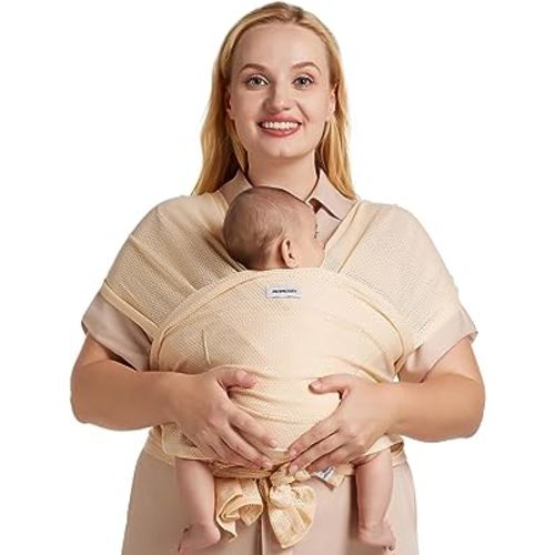 Momcozy Baby Carrier AirMesh - The Perfect Summer Sling for Newborns to Toddler 8-35 lbs - Cooling Fabric Baby Wrap, Lightweight, Ergonomic, and Easy to Wear, Beige