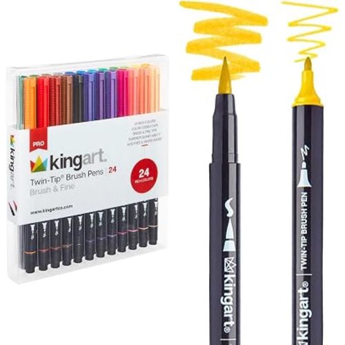 KINGART PRO Dual Twin-Tip Brush Pens, Set of 24 Unique & Vivid Colors, Watercolor Markers with Flexible Nylon Brush Tips, Professional Watercolor Pens for Painting, Drawing