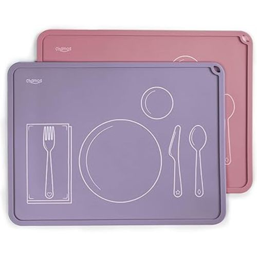 CHAMOS Montessori Placemat for Toddlers - Kids Silicone Mats for Dining Table - Set of 2 - Table Setting Learning (Lavender and Rose)
