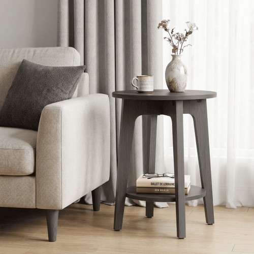 LEDREM Compact Two-Tier Round Accent Table, Tapered-Leg Side Table with Curved Accents, Holds 198lb, Quick Assembly, Space-Saving Small Sofa Table